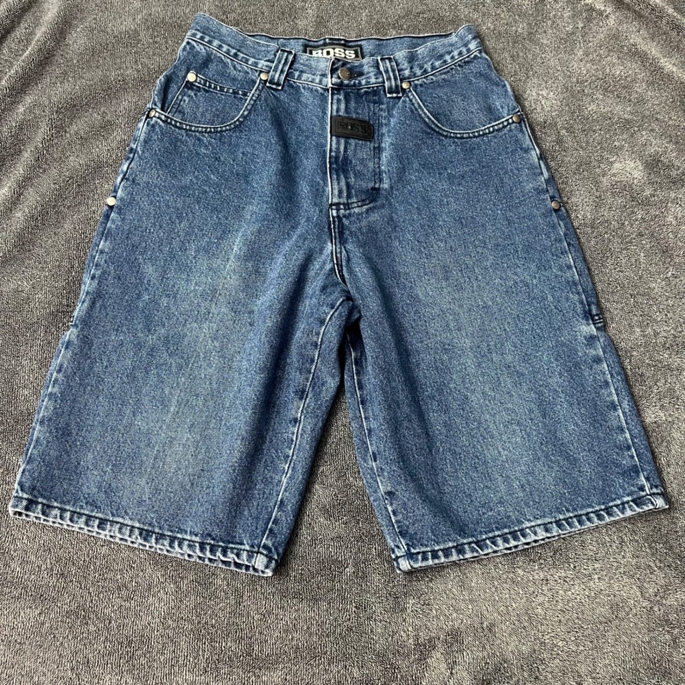 Vintage BOSS Jeans Shorts Mens 32 Baggy Blue Denim 90s Hip Hop Carpenter Logo